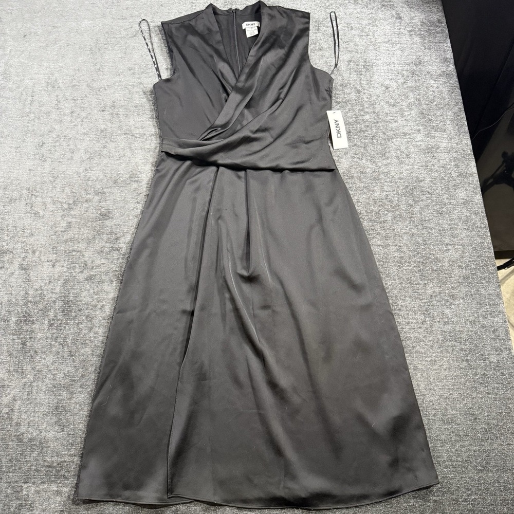 DKNY Women's Black Satin Sleeveless Faux Wrap Surplice Midi‎ Dress Size 8 NWT